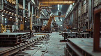 A sprawling industrial warehouse with towering ceilings, dominated by machinery and metal, bathed in natural light filtering through high windows.