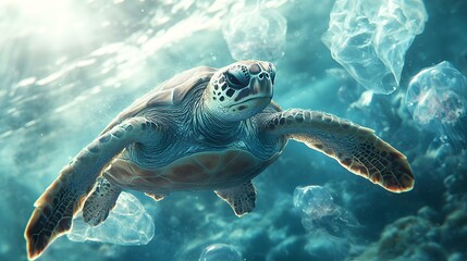 Fototapeta premium Sea turtles entangled in plastic bags floating next to plastic bags in water are heartbreaking and raise awareness about marine pollution, perfect for use in environmental or conservation campaigns.