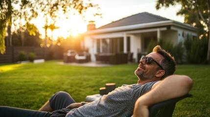 Man relaxing outdoors in backyard, enjoying sunset.
