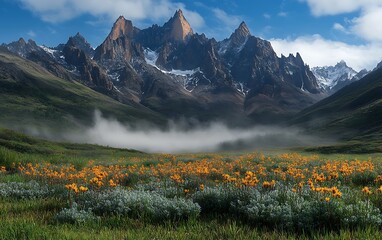 Majestic mountain range at sunrise, fog rolling over a field of vibrant orange wildflowers.