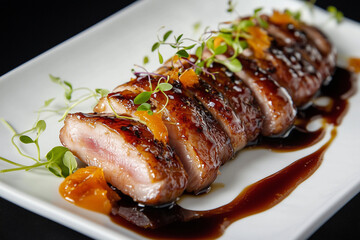 A perfectly seared slice of duck breast with crispy golden skin, served on a pristine white plate