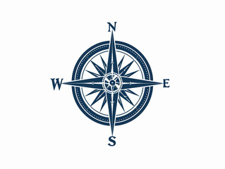 Nice Small Navy Blue Compass Rose Design on White Background.