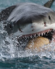 Fototapeta premium A close-up of a shark emerging from the water, showcasing its teeth and a captured object.