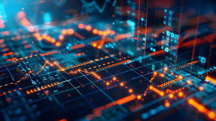 Obraz premium Abstract digital network graphic with glowing lines, charts, and data.