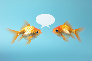 Fototapeta premium Two Goldfish Conversing with Speech Bubble on Blue Background, copy space