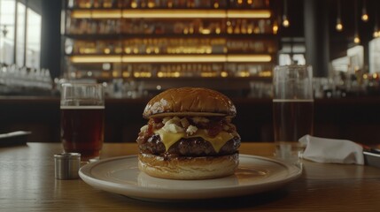 Delicious burger on a plate, with beers in front of a bar.