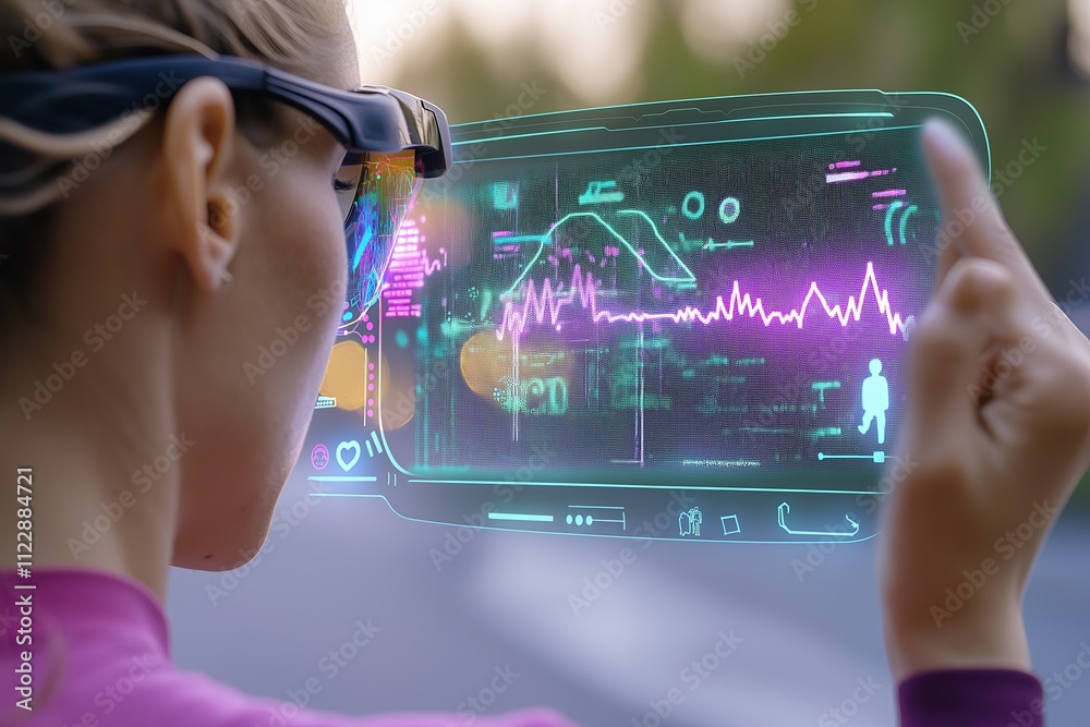Poster A wearable augmented reality device on a runner displaying a heart rate and navigation ma