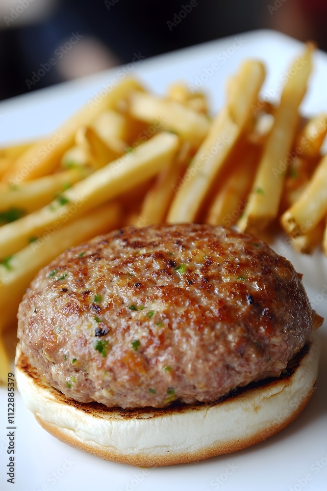 Sticker A burger patty on a bun served with crispy French fries on a white plate.