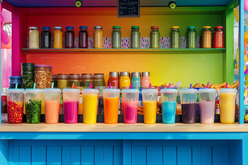 A colorful juice stand with fresh ingredients on display