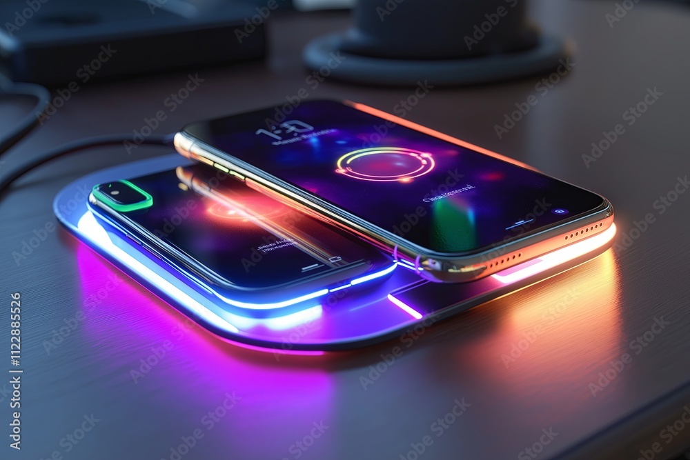 Poster A wireless charging pad with a glowing animation as it powers multiple devices