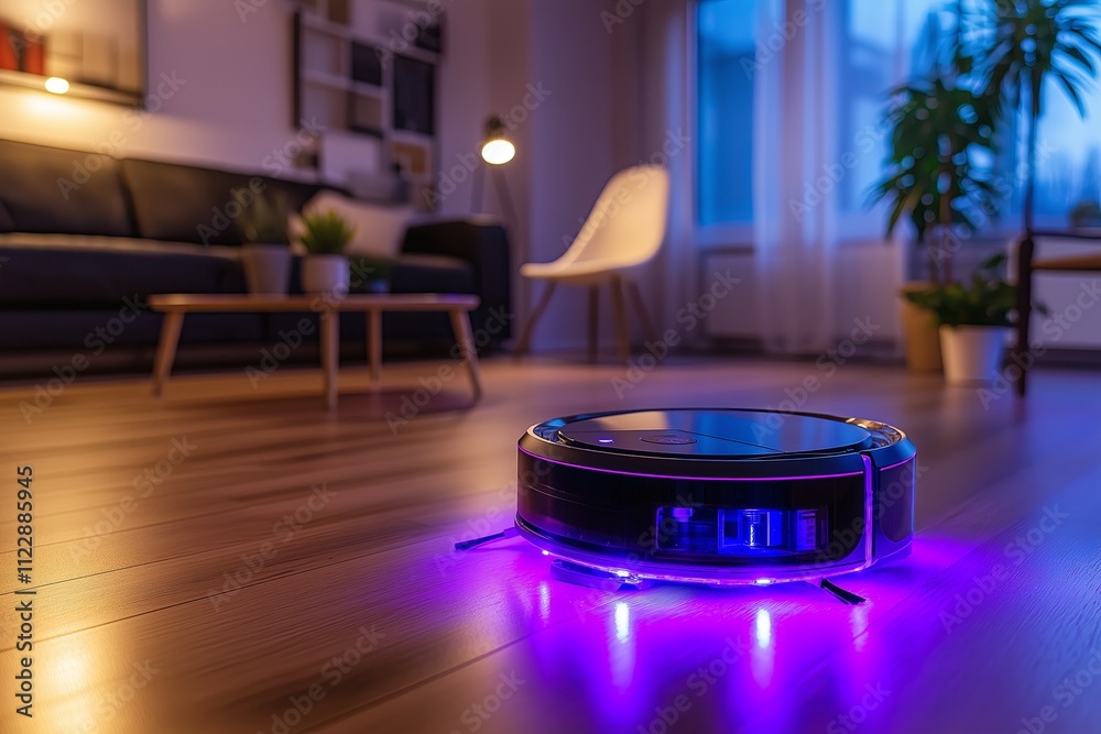 Poster an advanced cleaning robot with glowing sensors autonomously cleaning a modern house.