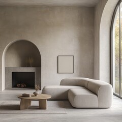 Fototapeta premium Minimalist interior design of a modern living room with an arched window