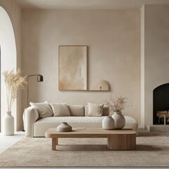 Modern living room interior in beige tones with an arched window, fireplace, and a modern sofa.