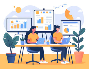 Fototapeta premium Working online team doing some creative job vector , illustration, remote virtual working freelancers or a part of coworking team.