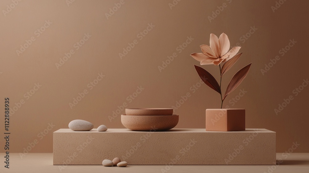 Poster a soft arrangement featuring a delicate flower in a cube, paired with rounded bowls and smooth stone