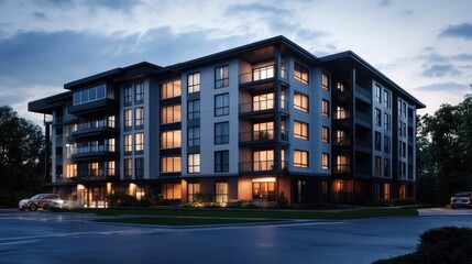 Modern apartment building at dusk, illuminated windows, landscaped grounds, street view.