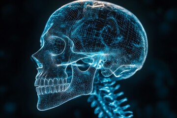 Human skull portrayed with intricate glowing wireframe mesh pattern and digital matrix style