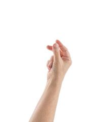 Obraz premium Empty mid aged woman hand to hold something with fingers isolated on white