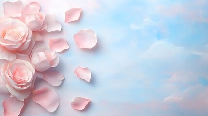 Fototapeta premium Soft blue background with delicate pink rose petals a romantic floral art concept