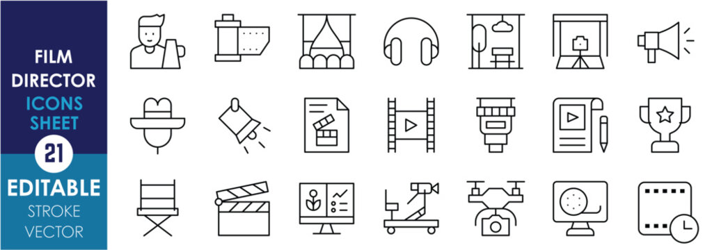 A set of line icons related to Film Director. Camera, headphone, cinema, hat, spotlight, lens, script, clapperboard, drone, award, and so on. Vector editable stroke.