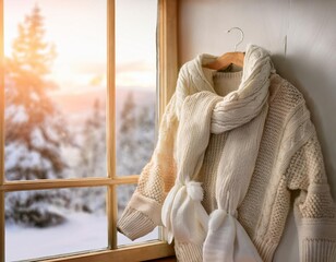 Warm knitted clothes hanging near window overlooking snowy landscape at sunset