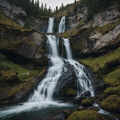 Fototapeta premium A cascading waterfall tumbling down the side of a steep mountain.