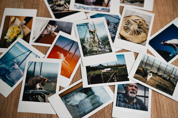 A nostalgic collage of polaroid memories showcasing pets and nature's beauty captured in time