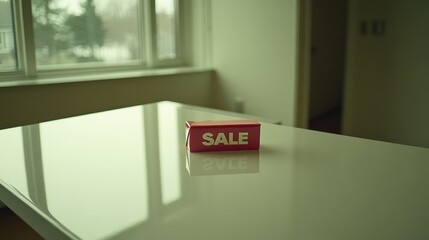 Red sale sign on a glossy white table in a bright room with a window showing a winter scene.