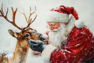 Oil painting of Santa Claus petting