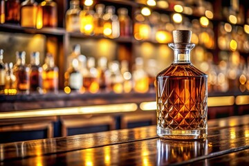 Elegant Alcohol Bottle on a Sophisticated Bar Counter with Soft Lighting and High Depth of Field for a Luxurious Ambiance and Eye-Catching Presentation