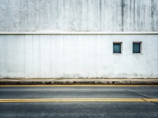 Obraz premium A Striking White Building Behind a Weathered Wall with Sidewalk and Asphalt Road, Perfect for Copy Space in a Rule of Thirds Composition