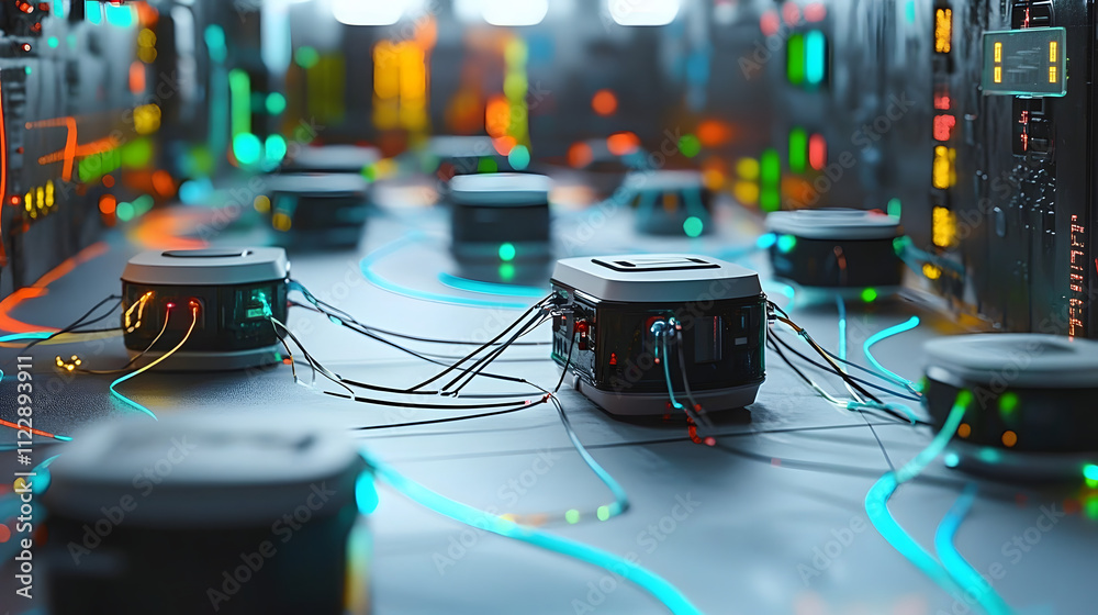 Poster network of connected futuristic devices with colorful trailing lines