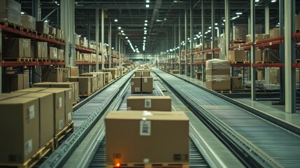 Automated supply chain with digital traceability solutions, featuring a modern logistics warehouse environment