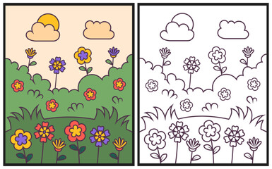 Flower in the park coloring page vector illustration
