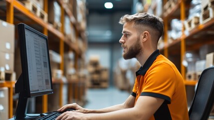 Employee Monitoring Inventory Levels on Computer in Warehouse Environment with Organized Storage System