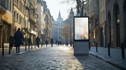 Obraz premium A vertical mockup banner on a city street with a cobblestone background, ideal for urban advertising