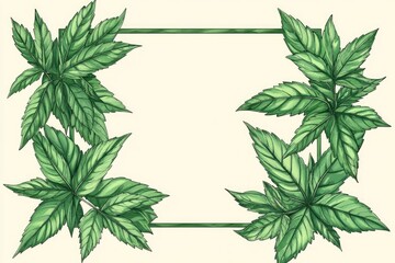 Green mint leaves framing empty square banner, hand-drawn botanical illustration