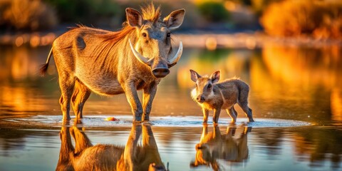 Obraz premium A Warthog and Its Playful Offspring at a Tranquil Waterhole in Namibia’s Stunning Landscape Captured in Portrait Photography