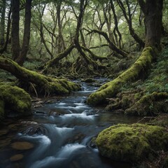 Obraz premium A hidden woodland stream surrounded by ancient, gnarled trees.
