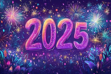 Colorful fireworks exploding behind 2025 sign for new year celebration