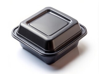 Aerial View of a Black Plastic Take Out Box Isolated on a Clean White Background Perfect for Food Delivery or Takeaway Concepts in Stock Photography