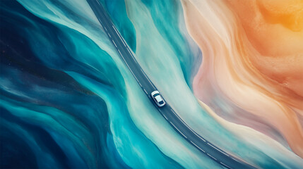 An AI generative image of a car moving in the single road with abstract sand insight