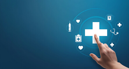 Obraz premium Hand Choosing Healthcare Medical Icon on Blue Background for Health Insurance Concept, copy space. blue background, health welfare, copy space healthcare, medical copy space background