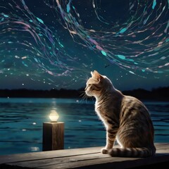 cat on pier ethereal dance of translucent color streaks in pastel hues of pink, aquamarine, and...