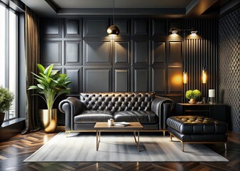 Obraz premium Elegant Black Leather Wall and Floor Interior Design for Modern Space, Perfect for Luxury Decor, Contemporary Interiors, and Atmospheric Backgrounds in Editorial Photography