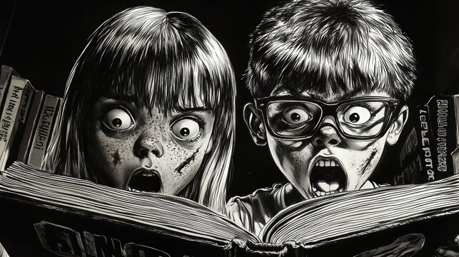 Children engrossed in a thrilling horror comic book