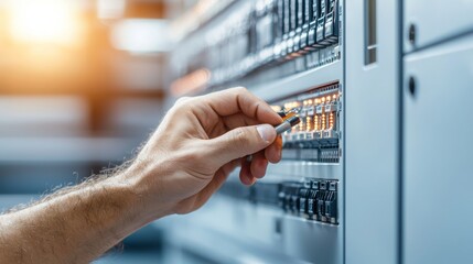 Close-Up View of a Hand Adjusting an Electronic Control Panel in a Modern Server Room with Lit Buttons and Technology Background