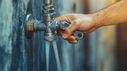 Hand Turning Water Faucet with Flowing Water in Urban Setting