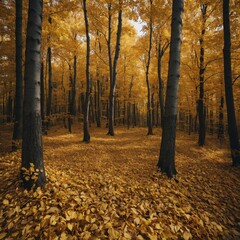 Obraz premium A golden autumn forest with leaves falling gently to the ground. 