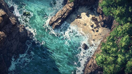 Obraz premium Craggy Rocky Shoreline with Sharp Cliffs Overlooking Turquoise Waters and Sandy Beach